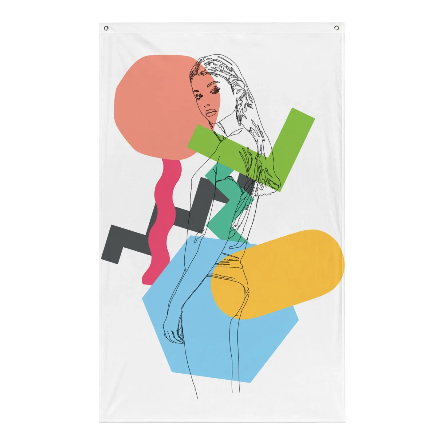 Woman in an abstract, colorful print on a white fabric banner.