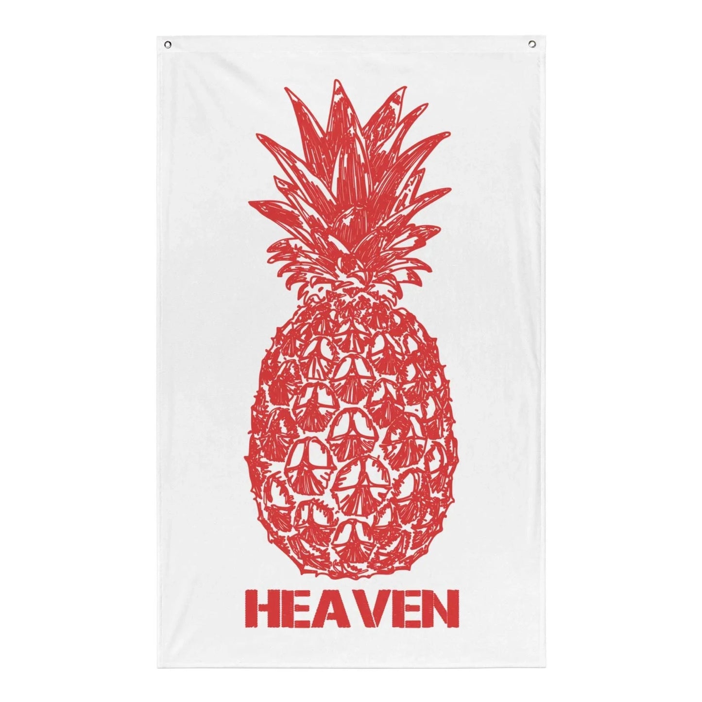 White fabric wall hanging with a red pineapple and the word "HEAVEN".