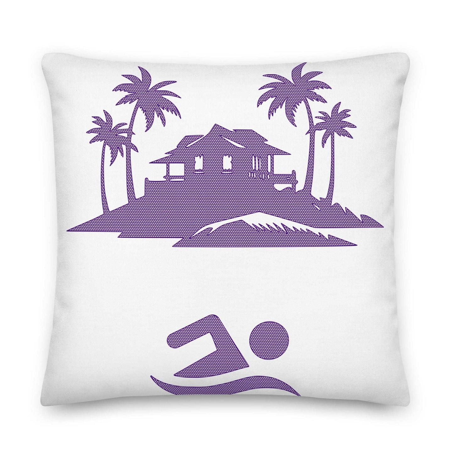 White throw pillow with purple graphic of island bungalow scene, palm trees, and a swimmer logo.