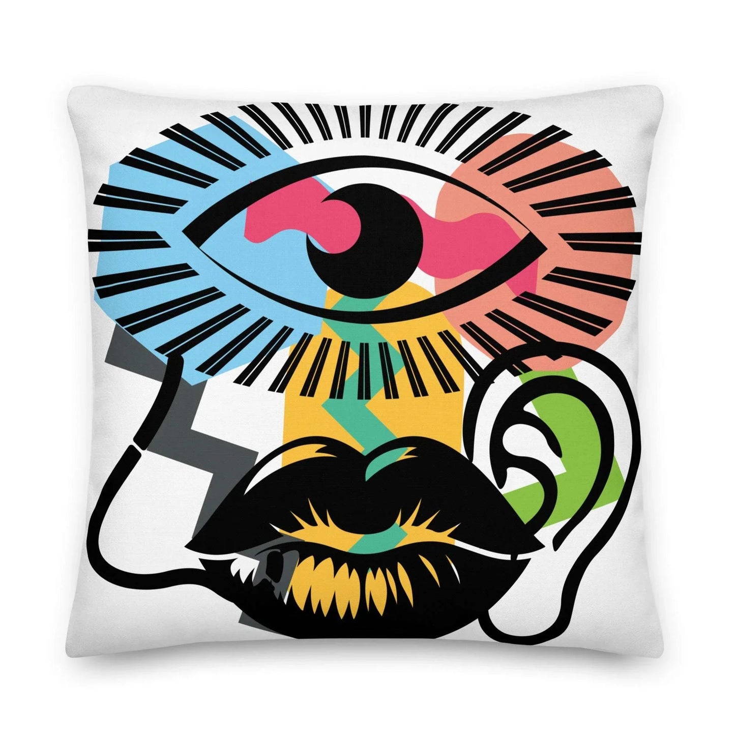 Throw pillow with a surreal, colorful eye, ear, and mouth design.