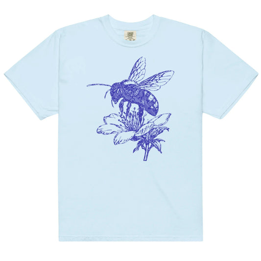 Light blue t-shirt with a blue bee and flower illustration.