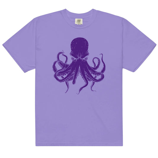 Lavender t-shirt with a purple octopus graphic.