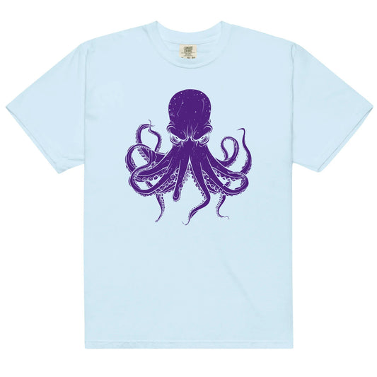 Light blue T-shirt with a purple octopus design.