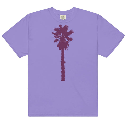 A lavender-colored t-shirt with a palm tree design in burgundy.
