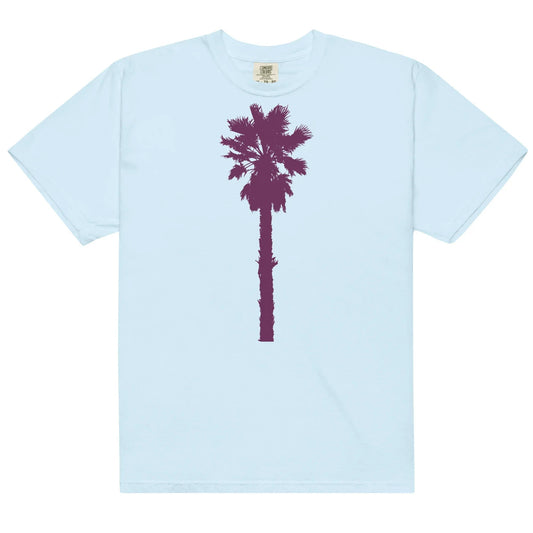 Light blue t-shirt with purple palm tree graphic.