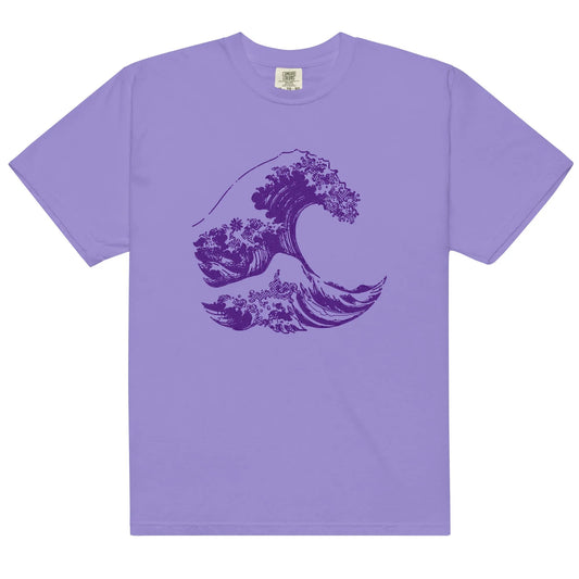 Lavender t-shirt with a purple wave graphic.
