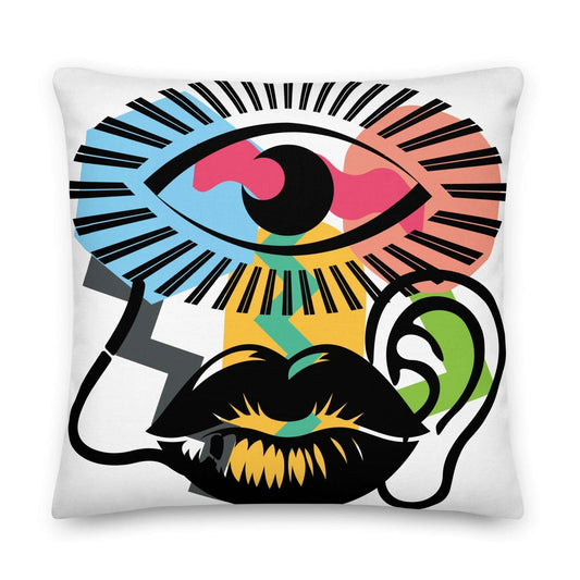 Throw pillow with a surreal, colorful eye, ear, and mouth design.