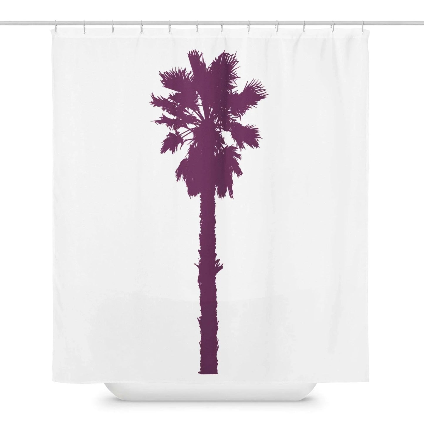 White shower curtain with a purple palm tree.