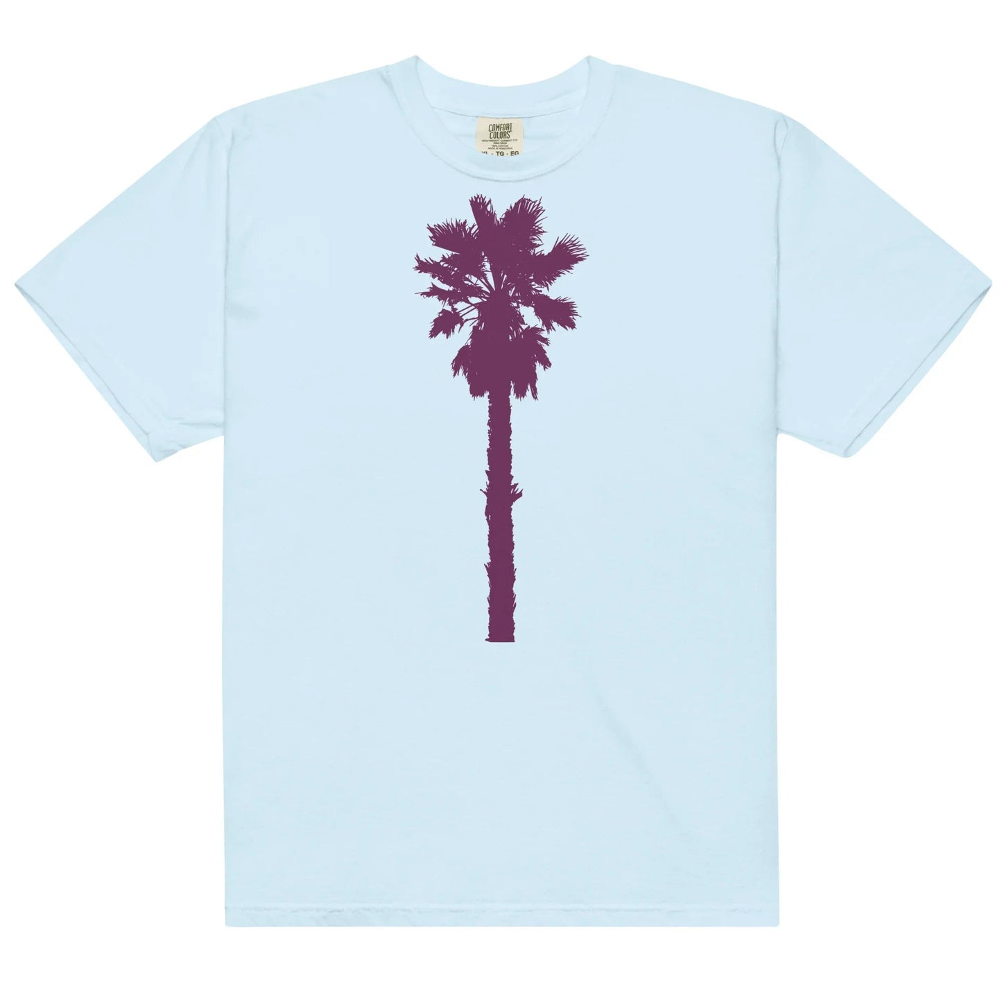 Light blue t-shirt with purple palm tree graphic.