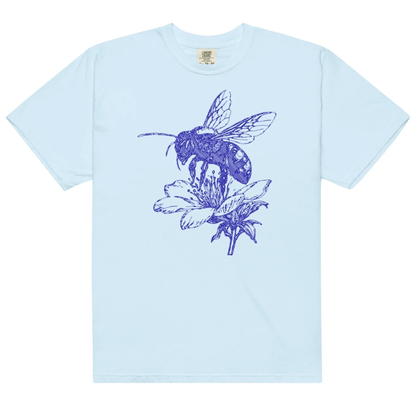 Light blue t-shirt with a blue bee and flower illustration.