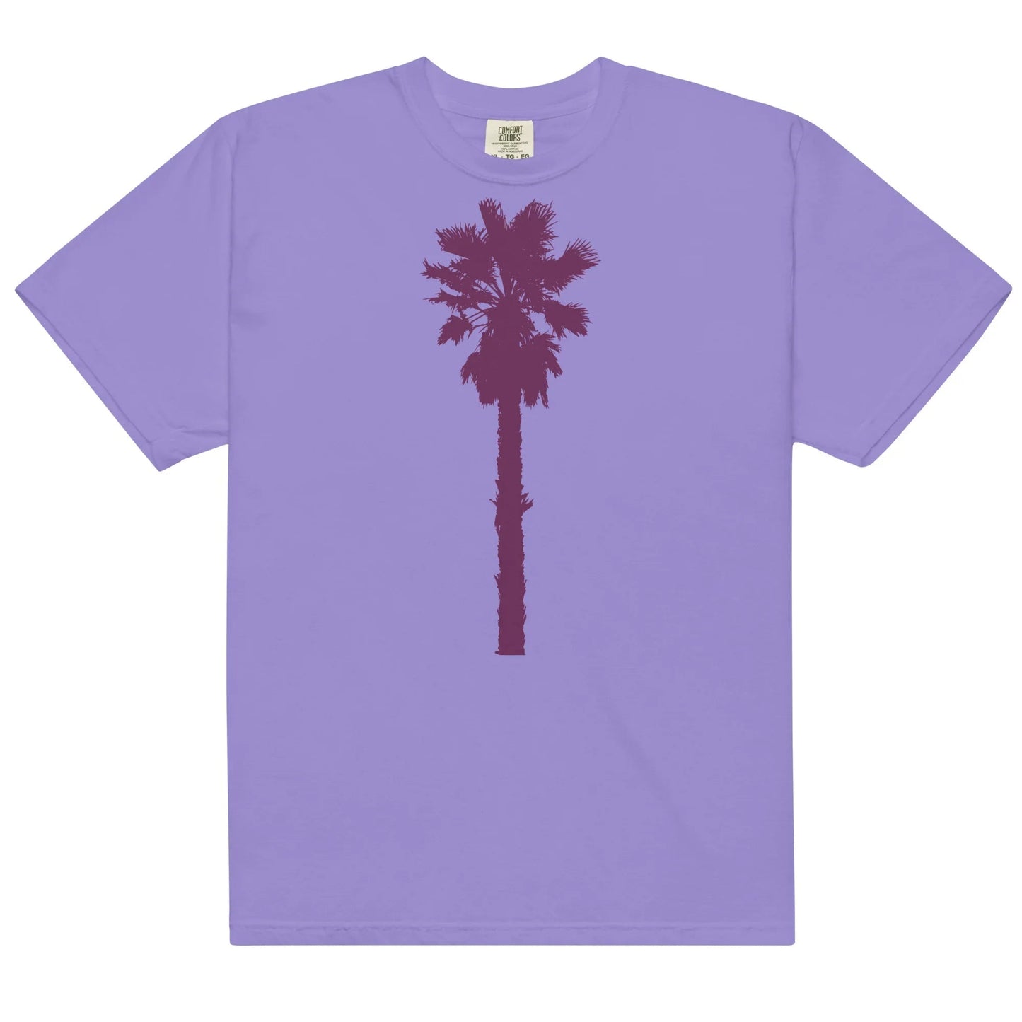 A lavender-colored t-shirt with a palm tree design in burgundy.