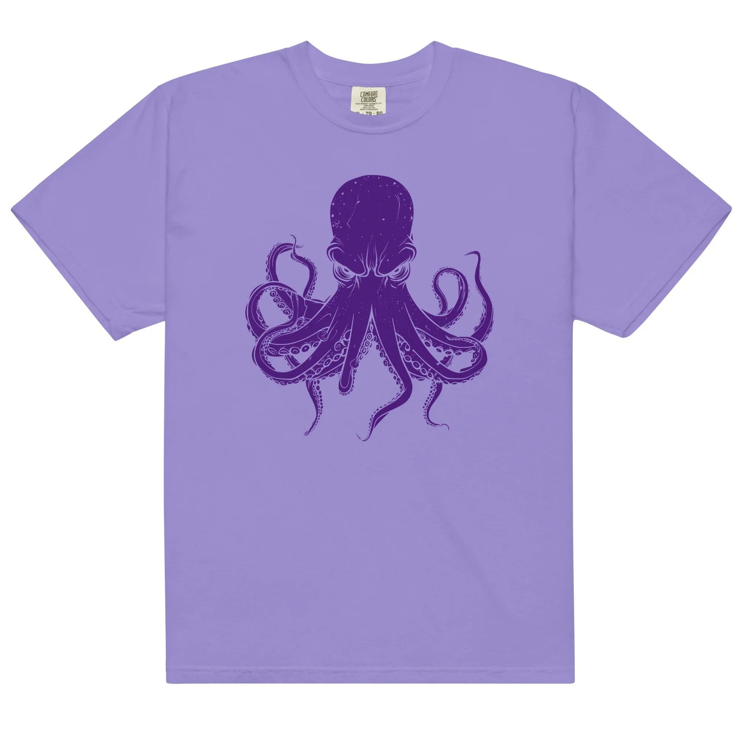 Lavender t-shirt with a purple octopus graphic.