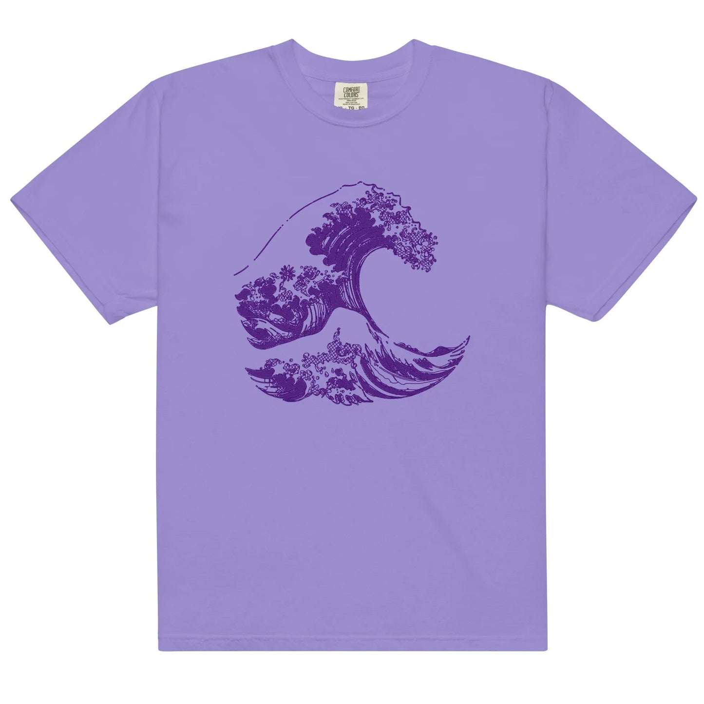 Lavender t-shirt with a purple wave graphic.