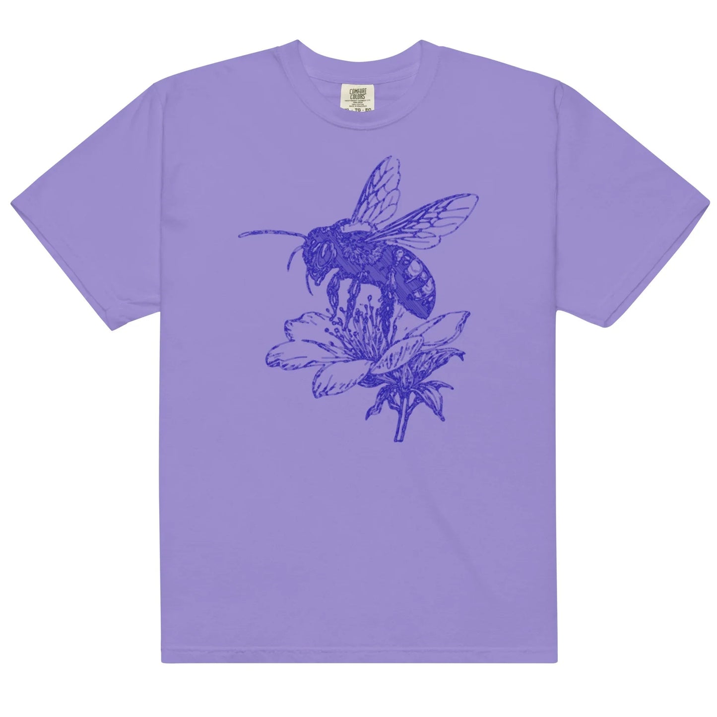 Lavender t-shirt with a blue graphic of a bee on a flower.