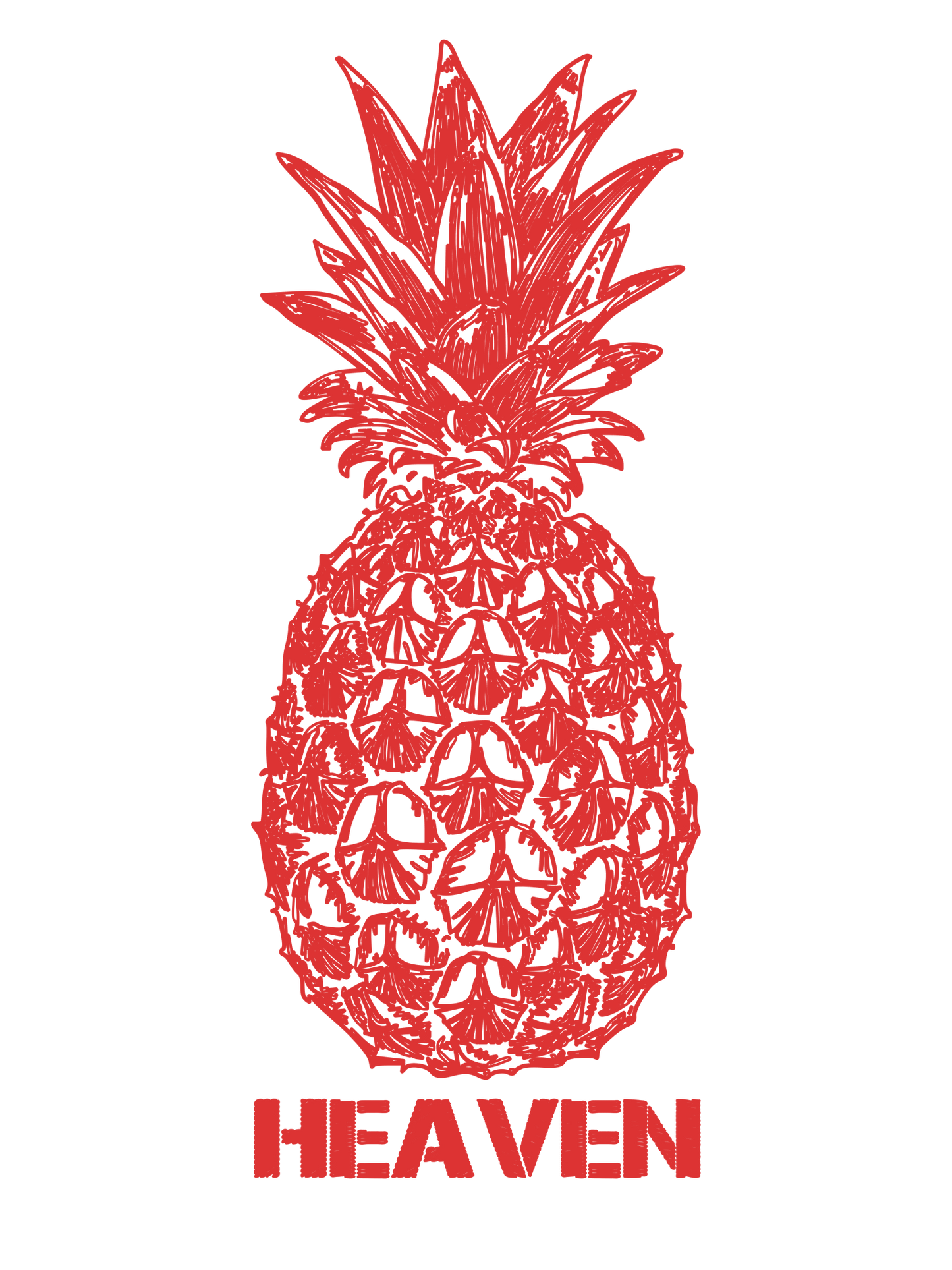Red pineapple with "HEAVEN" text on a green background.