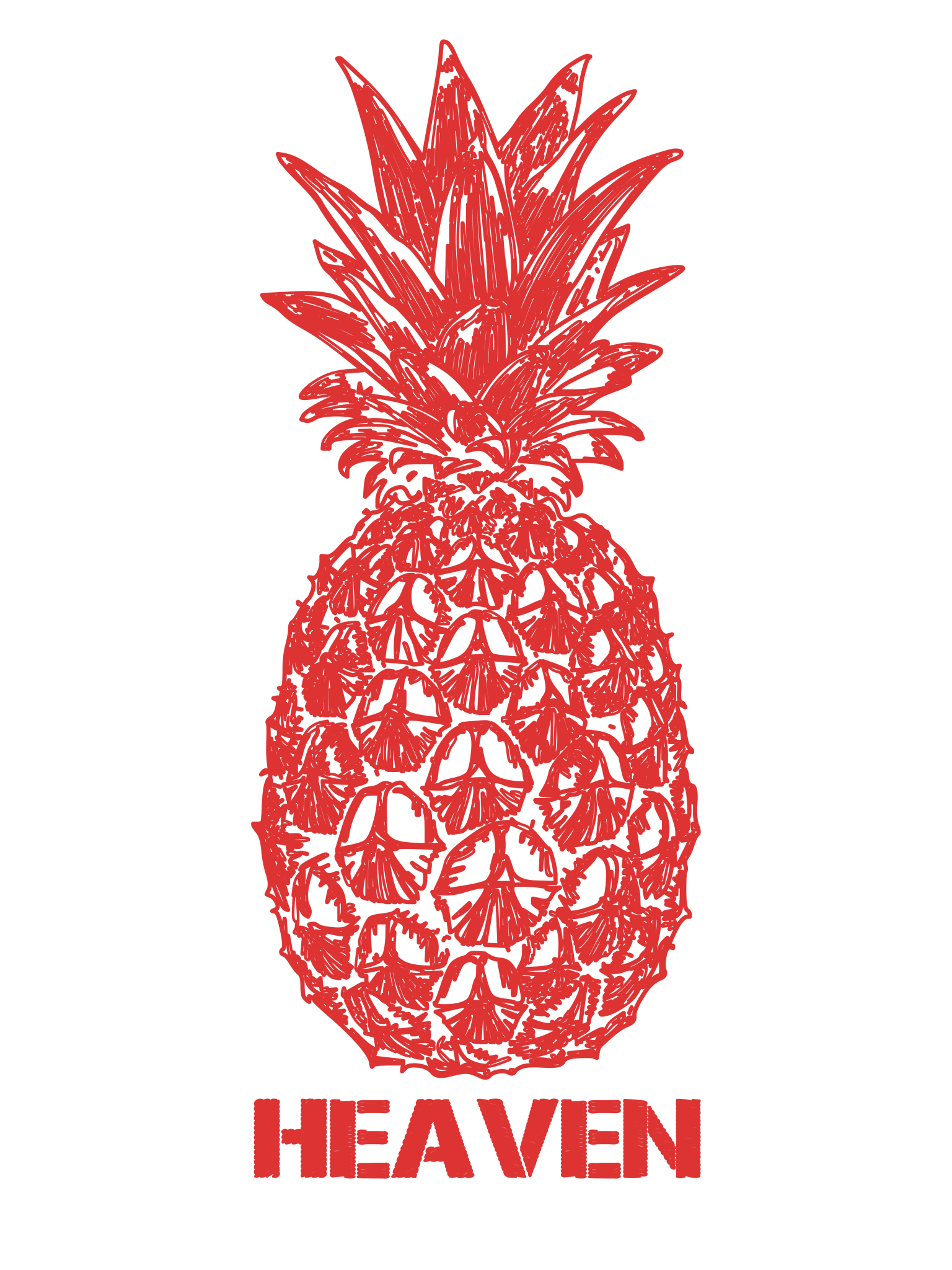 Red pineapple with "HEAVEN" text on a green background.