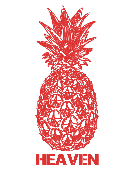 Red pineapple with "HEAVEN" text on a green background.