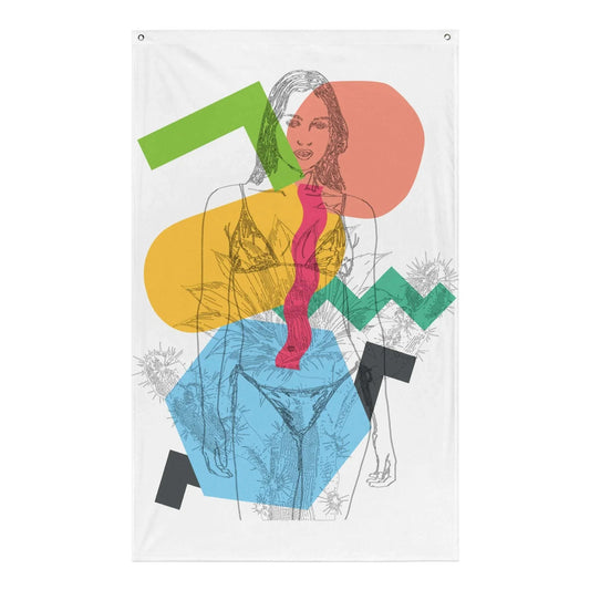 Artistic towel with woman and geometric shapes.
