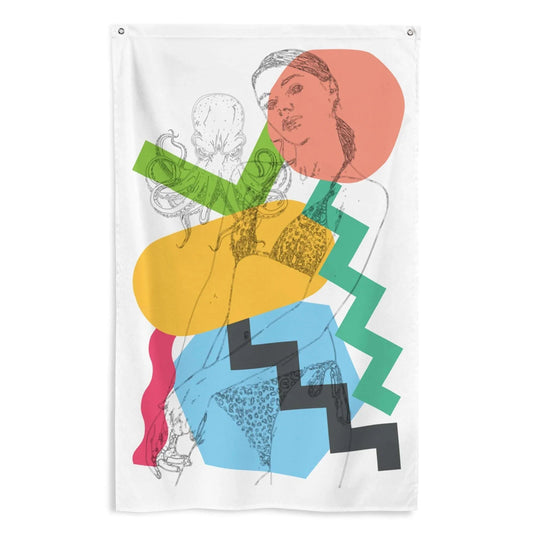White wall tapestry featuring a sketched woman, an octopus, and colorful geometric shapes.
