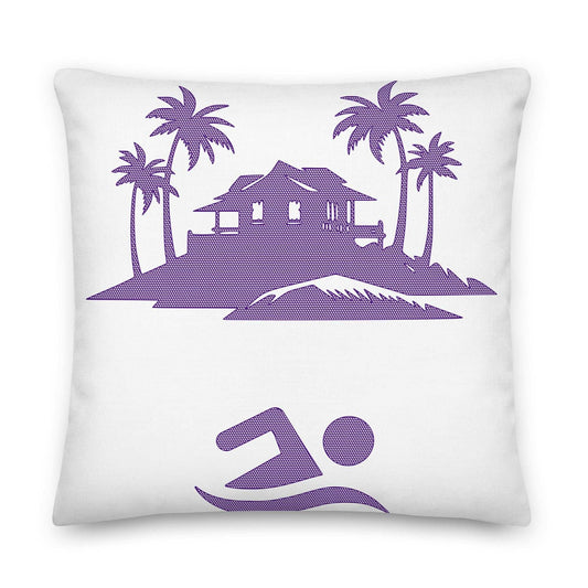 White throw pillow with purple graphic of island bungalow scene, palm trees, and a swimmer logo.

