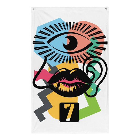 White banner featuring an eye, lips, ear, nose, and the number seven on colorful geometric shapes.