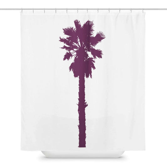 White shower curtain with a purple palm tree.