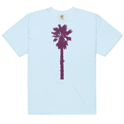 Light blue t-shirt with purple palm tree graphic.
