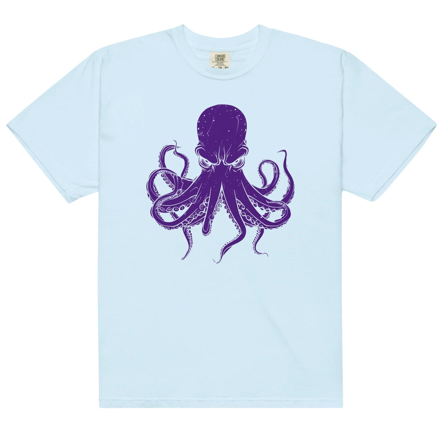 Light blue T-shirt with a purple octopus design.