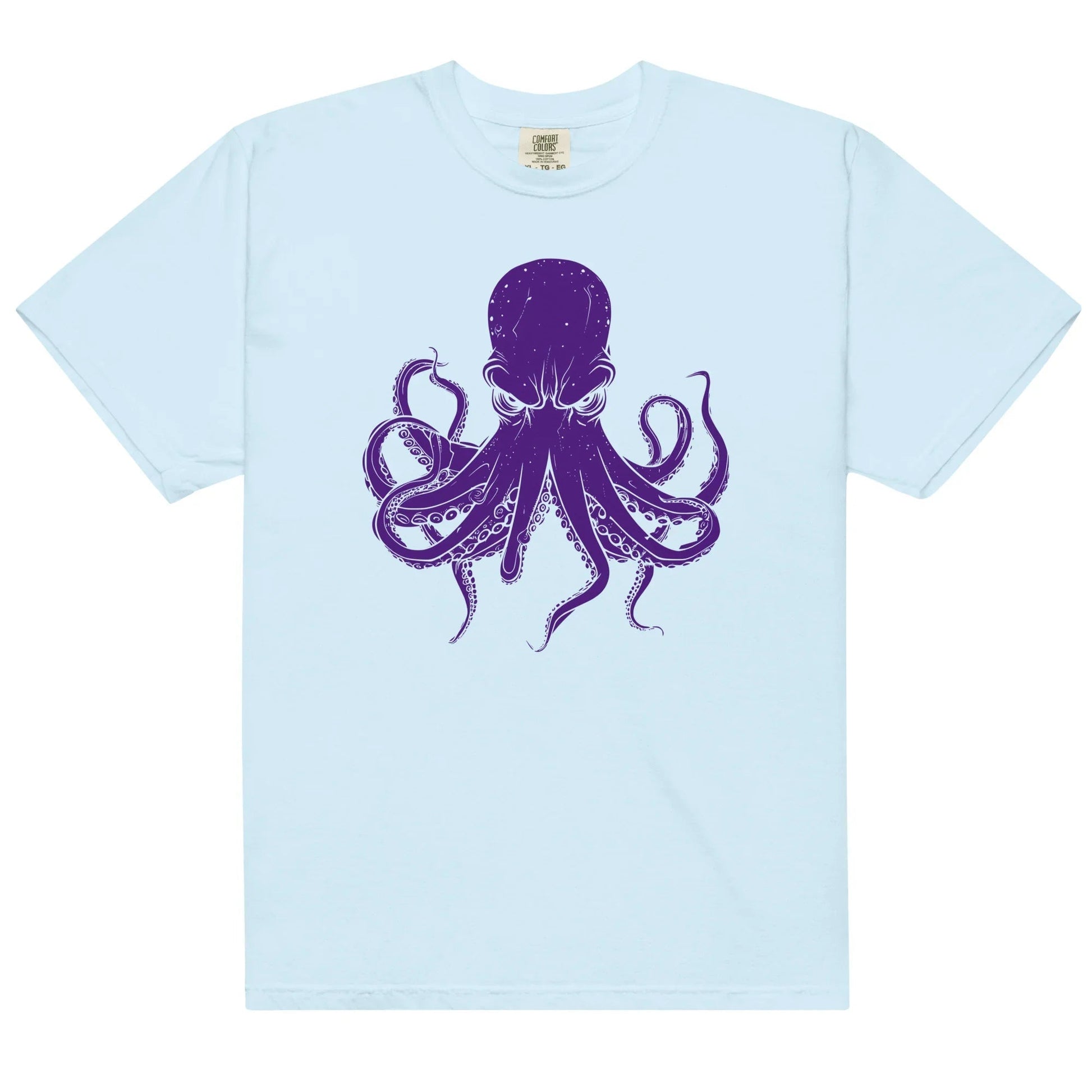 Light blue T-shirt with a purple octopus design.