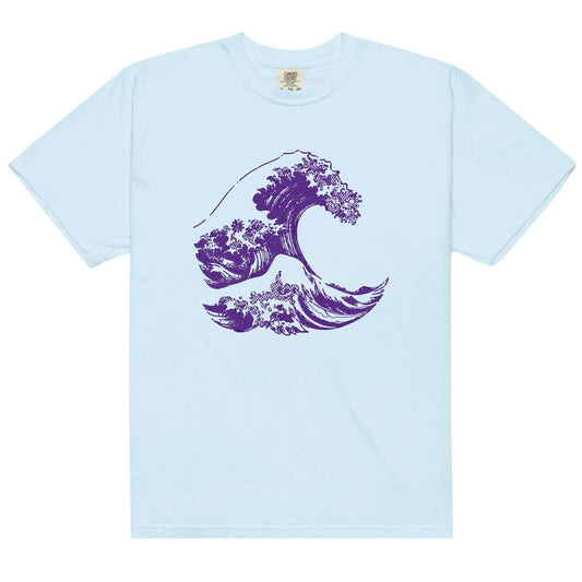 Light blue t-shirt with purple wave design.