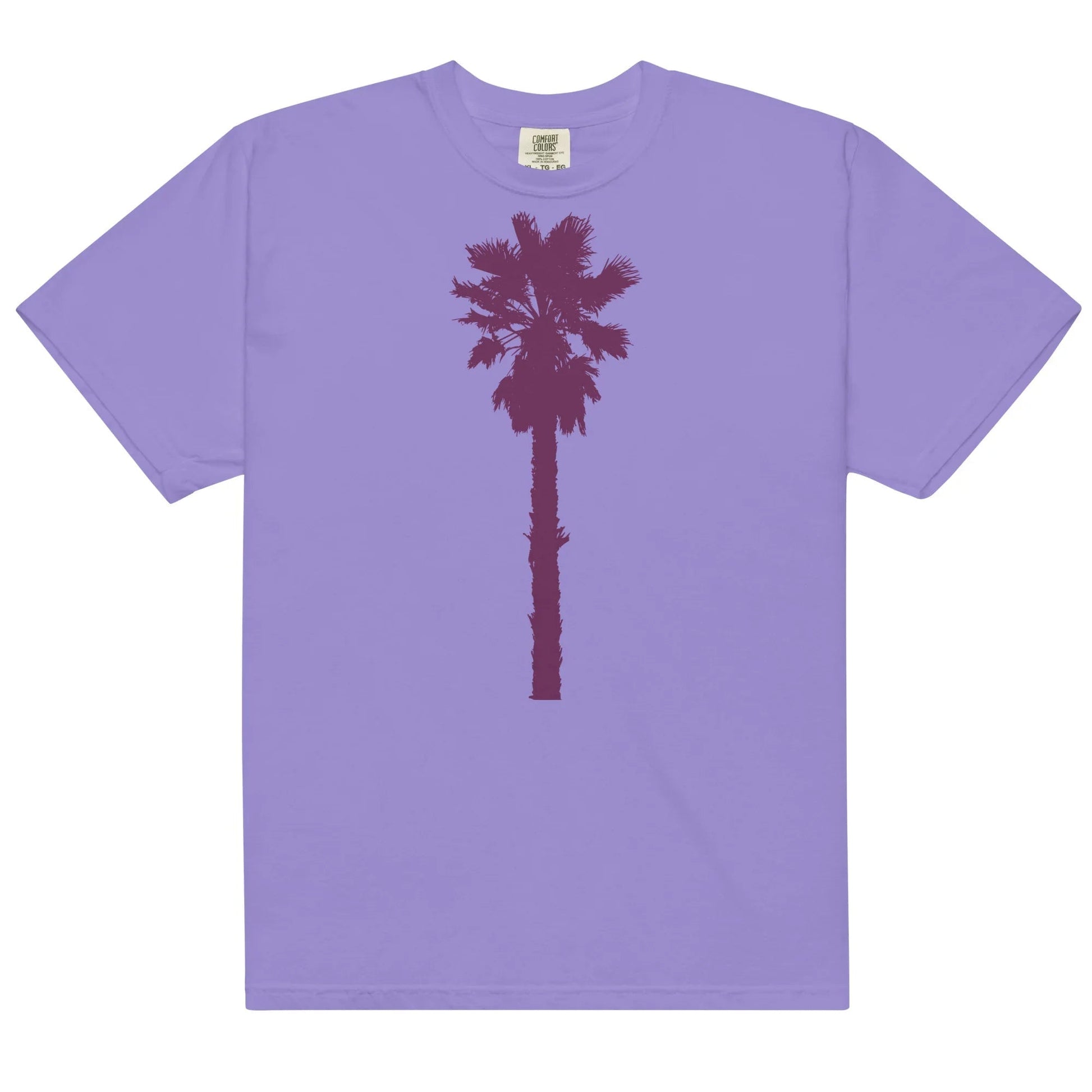 A lavender-colored t-shirt with a palm tree design in burgundy.